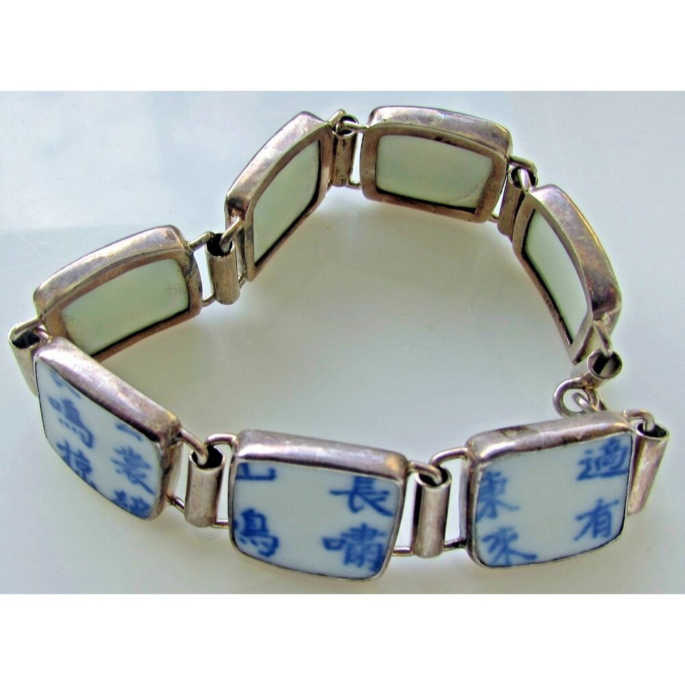Sterling Silver Blue Willow  Chinese Characters  Tile Bracelet  Link Panel 7 "